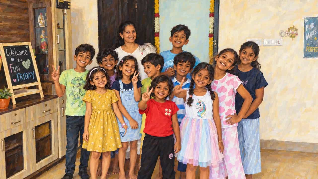 Illustrated version of students and their teacher smiling together at a Fun Friday session at AJ Academy