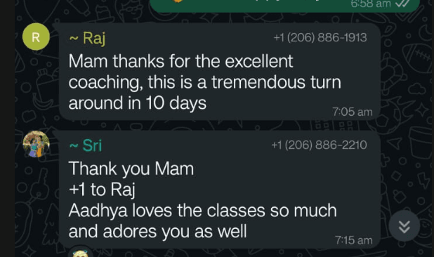 WhatsApp testimonial from Parent of Raj & Sri